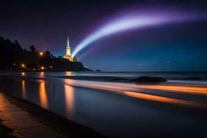 une phare est allumé en haut à nuit avec une longue exposition. généré par ai photo