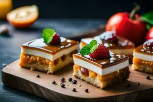 quatre carrés de dessert sur une en bois Coupe planche. généré par ai photo