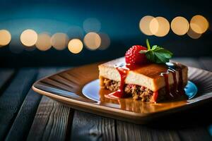 une pièce de cheesecake avec une fraise sur Haut. généré par ai photo