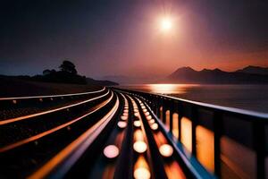 une train Piste avec lumières sur il à le coucher du soleil. généré par ai photo