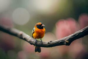 une petit Orange et noir oiseau séance sur une branche. généré par ai photo