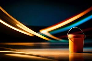 un Orange seau séance sur une table avec une longue traînée de lumière. généré par ai photo