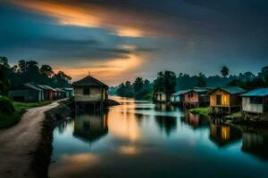 une rivière dans le milieu de une village à le coucher du soleil. généré par ai photo