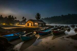 bateaux sont amarré à le rive à nuit. généré par ai photo