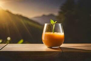 une verre de Orange jus sur une table dans de face de une Montagne. généré par ai photo