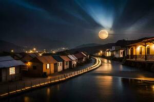 une rivière à nuit avec Maisons et une plein lune. généré par ai photo