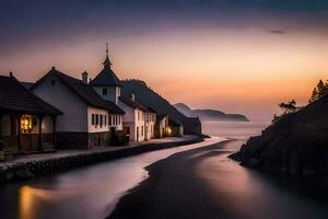 une maison est assis sur le rive de une rivière à le coucher du soleil. généré par ai photo