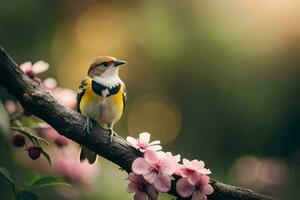 une oiseau est assis sur une branche avec rose fleurs. généré par ai photo