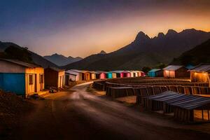 une village à crépuscule avec coloré huttes. généré par ai photo