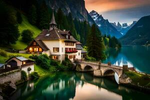 une maison est assis sur le bord de une Lac dans le montagnes. généré par ai photo