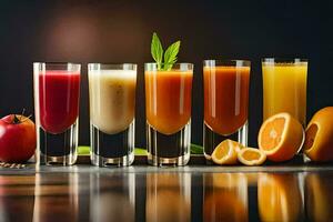 une rangée de différent jus et des fruits. généré par ai photo