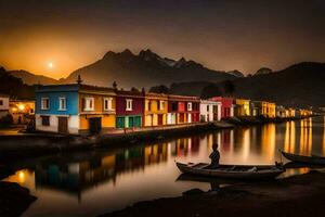 une bateau est amarré dans de face de coloré Maisons à le coucher du soleil. généré par ai photo