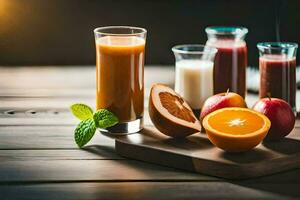 une table avec jus, pommes, des oranges et autre des fruits. généré par ai photo