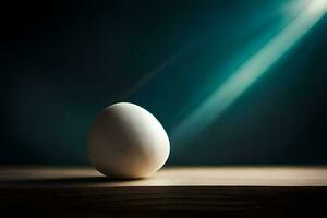 un Oeuf séance sur une table dans de face de une brillant lumière. généré par ai photo