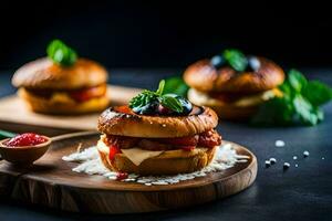 Trois mini des sandwichs avec fromage et tomate sur une en bois planche. généré par ai photo