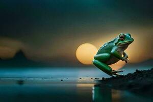 une grenouille sauter sur le l'eau à le coucher du soleil. généré par ai photo