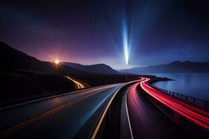 une longue exposition photo de une Autoroute à nuit. généré par ai