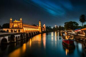 le nuit vue de le mosquée et le rivière. généré par ai photo