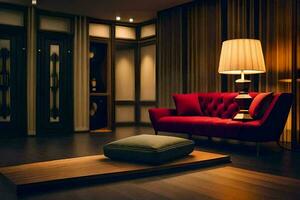 une rouge canapé et une lampe dans une chambre. généré par ai photo