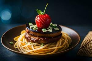 une assiette avec spaghetti et une fraise sur Haut. généré par ai photo