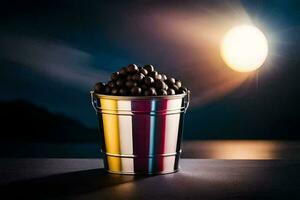 une seau de Chocolat sur une table dans de face de une plein lune. généré par ai photo