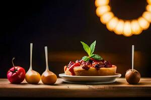 une dessert avec pommes et cerises sur une en bois tableau. généré par ai photo