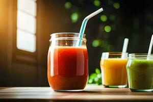 Trois différent les types de smoothies sont montré sur une tableau. généré par ai photo