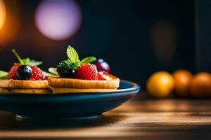 une assiette avec deux petit Gâteaux avec baies. généré par ai photo