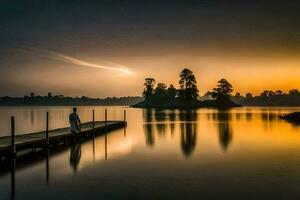 une homme des stands sur une Dock à le coucher du soleil. généré par ai photo