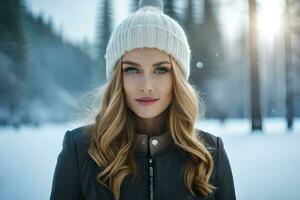 une magnifique Jeune femme dans une hiver chapeau. généré par ai photo