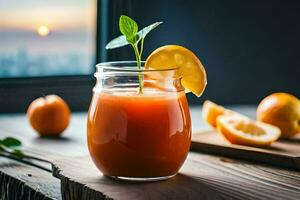 une verre de Orange jus avec une tranche de citron. généré par ai photo