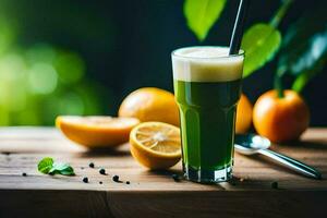 une verre de vert jus avec citron et des oranges. généré par ai photo