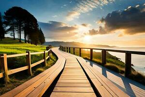 une en bois passerelle pistes à le océan à le coucher du soleil. généré par ai photo