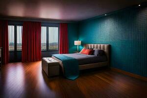 une chambre avec bleu des murs et bois étages. généré par ai photo