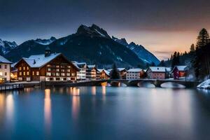 une ville dans le montagnes avec une rivière et montagnes dans le Contexte. généré par ai photo