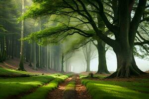 une chemin par une forêt avec des arbres et herbe. généré par ai photo