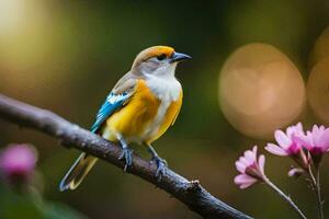 une petit oiseau est perché sur une branche avec rose fleurs. généré par ai photo