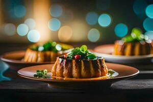 Trois desserts sur une en bois tableau. généré par ai photo