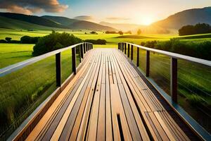 une en bois pont plus de une champ avec une le coucher du soleil dans le Contexte. généré par ai photo