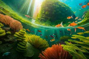 un sous-marin scène avec poisson et corail. généré par ai photo