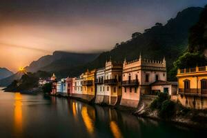 une rivière avec Maisons sur Soit côté de il à le coucher du soleil. généré par ai photo