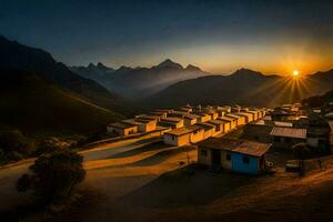 le Soleil ensembles plus de une village dans le montagnes. généré par ai photo