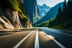 une voiture conduite vers le bas une Montagne route. généré par ai photo