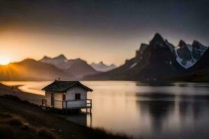 une petit cabine est assis sur le rive de une Lac à le coucher du soleil. généré par ai photo