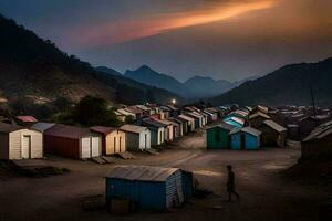 une homme des promenades par une village de coloré huttes. généré par ai photo