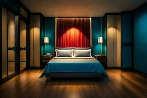 une chambre avec une bleu lit et rouge accent. généré par ai photo