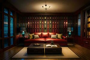 une rouge cuir canapé est assis dans une pièce avec en bois des murs. généré par ai photo