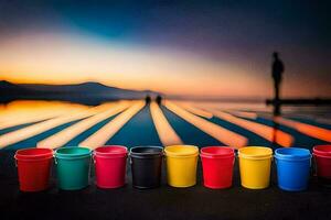 coloré tasses doublé en haut sur une plage à le coucher du soleil. généré par ai photo