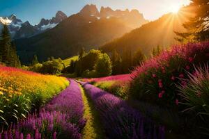 une magnifique champ de fleurs et montagnes à le coucher du soleil. généré par ai photo