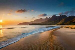 le Soleil monte plus de le océan et montagnes dans cette magnifique plage scène. généré par ai photo